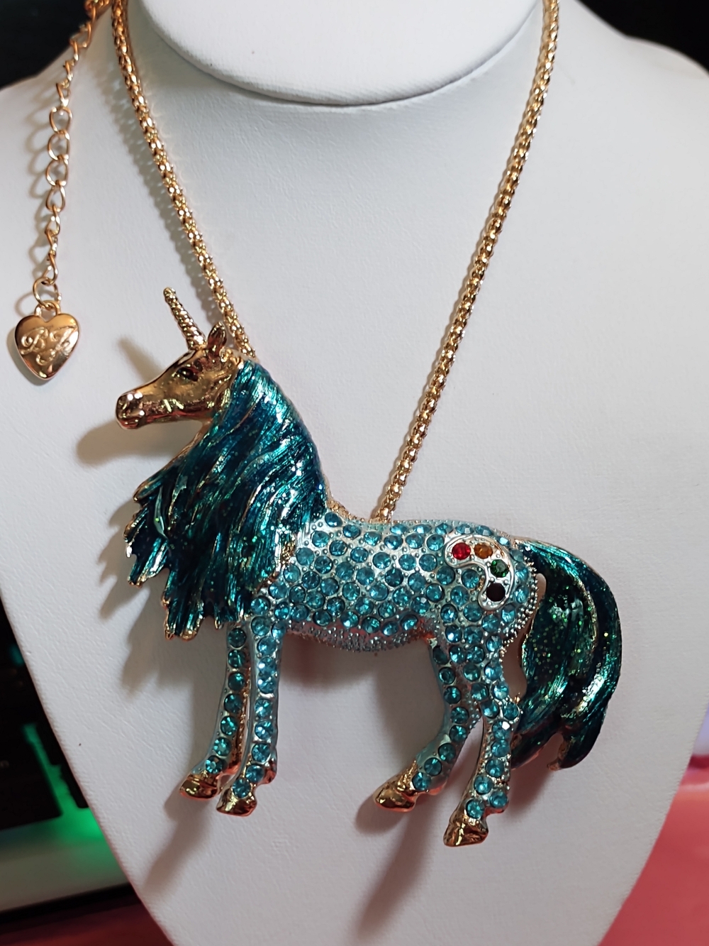 Sparkling Teal Unicorn Pendant Necklace - Picture 3 of 3